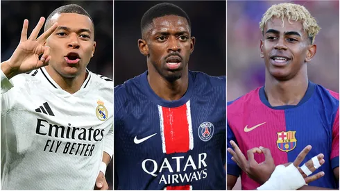 Kylian Mbappe (left), Ousmane Dembele 9center), and Lamine Yamal (right)
