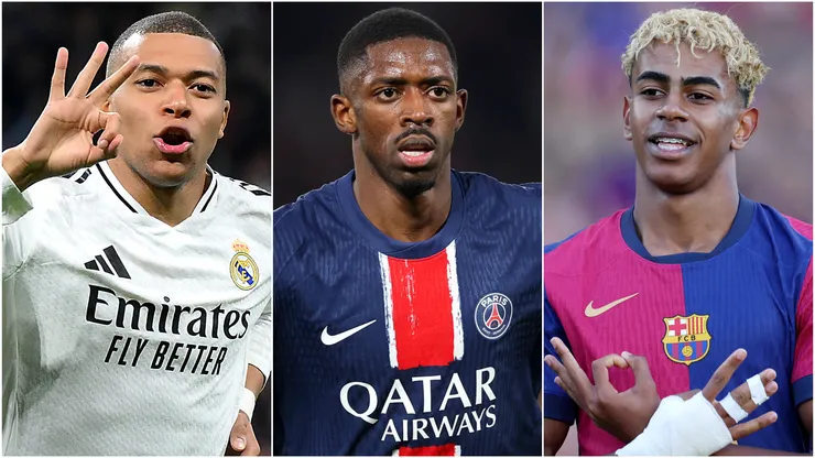 Kylian Mbappe (left), Ousmane Dembele 9center), and Lamine Yamal (right)
