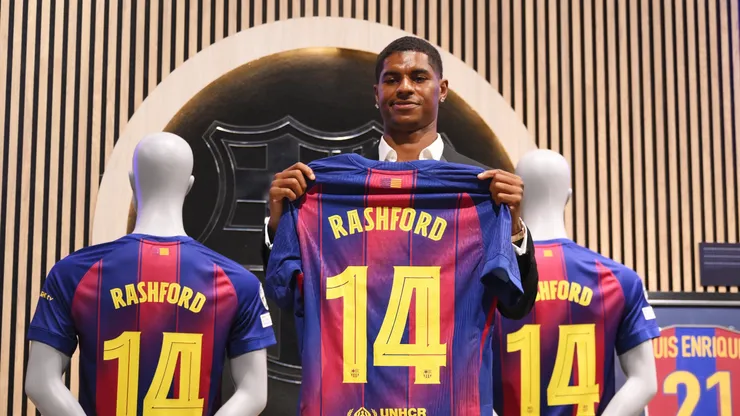 Marcus Rashford of FC Barcelona holds up his shirt during the Unveiling of New Signing Marcus Rashford, after the announcement of a season-long loan move from Manchester United to FC Barcelona.