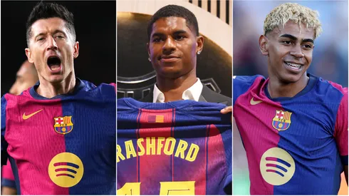 Robert Lewandowski (left), Marcus Rashford (center), and Lamine Yamal (right)