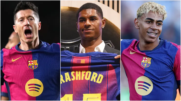 Robert Lewandowski (left), Marcus Rashford (center), and Lamine Yamal (right)