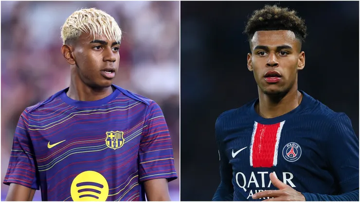 FC Barcelona's Lamine Yamal (L) and Paris Saint-Germain's Desire Doue (R).