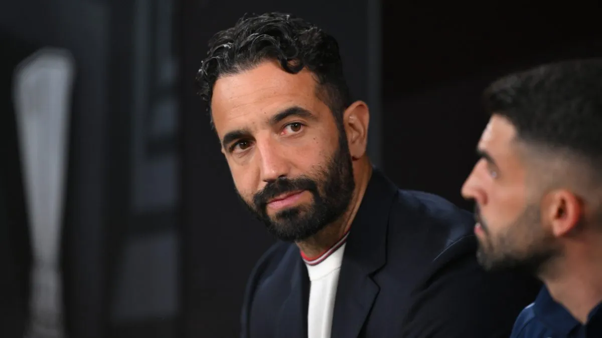 Ruben Amorim, Manager of Manchester United, looks on from the dug out prior to the UEFA Europa League Final 2025 between Tottenham Hotspur and Manchester United at Estadio de San Mames on May 21, 2025 in Bilbao, Spain.