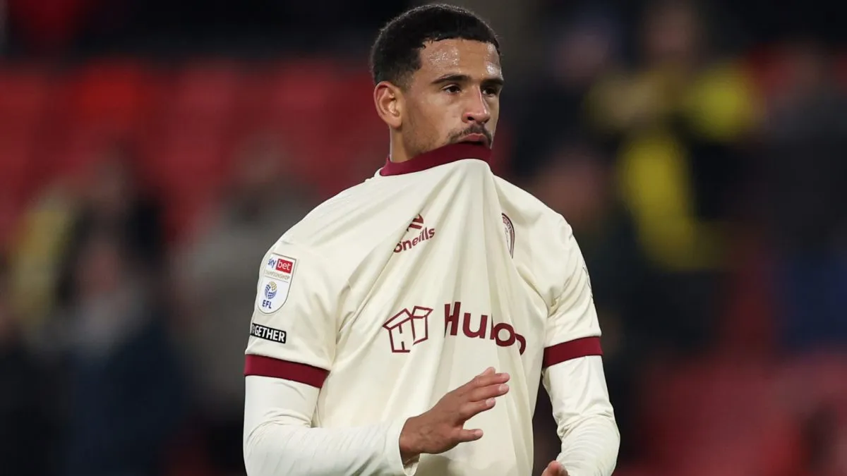 English midfielder Marcus McGuane playing for Bristol City during a Championship match against Watford on November 26, 2024.