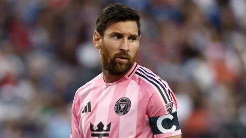 Lionel Messi #10 of Inter Miami FC uring the game against the New England Revolution at Gillette Stadium on July 9, 2025 in Foxborough, Massachusetts.