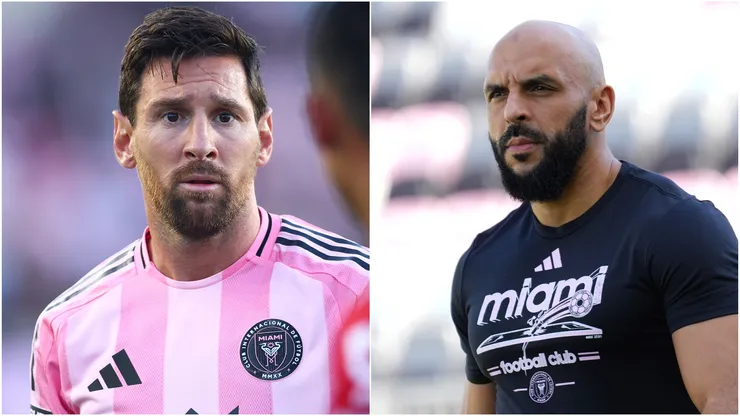 Lionel Messi #10 of Inter Miami, and Yassine Cheuko, security guard.
