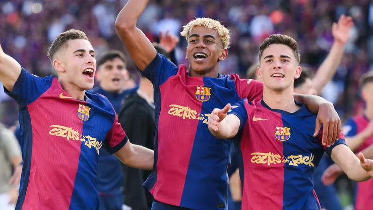 Fermin Lopez, Lamine Yamal and Gavi celebrate after the 4-3 victory in the LaLiga match between Barcelona and Real Madrid on May 11, 2025.