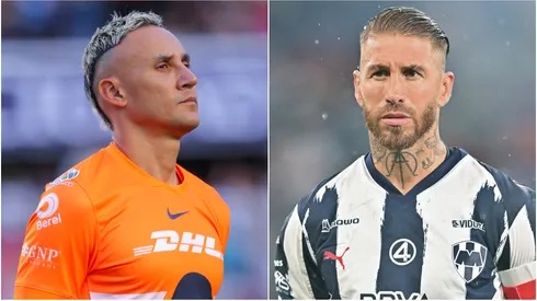 Keylor Navas (L) of Pumas UNAM and Sergio Ramos (R) of Monterrey.