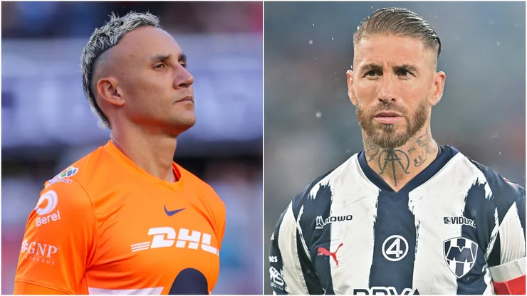 Keylor Navas (L) of Pumas UNAM and Sergio Ramos (R) of Monterrey.