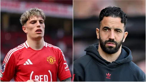 Alejandro Garnacho (L) and coach Ruben Amorim (R) of Manchester United.