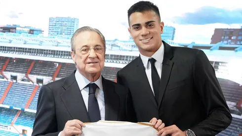 Real Madrid player Reinier Jesus (R) with the President Florentino Perez during his official presentation. February 18, 2020.
