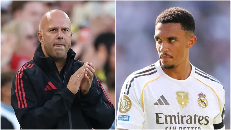 Arne Slot (L), Manager of Liverpool, and Trent Alexander-Arnold (R) #12 of Real Madrid C.F.