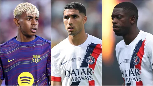 Lamine Yamal (L) of FC Barcelona, and Achraf Hakimi (M) and Ousmane Dembele (R) of Paris Saint-Germain, 2025 Ballon d'or nominees.