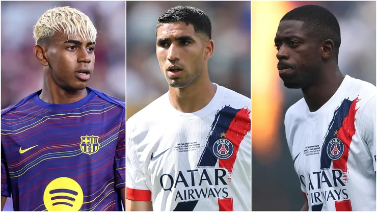 Lamine Yamal (L) of FC Barcelona, and Achraf Hakimi (M) and Ousmane Dembele (R) of Paris Saint-Germain, 2025 Ballon d'or nominees.