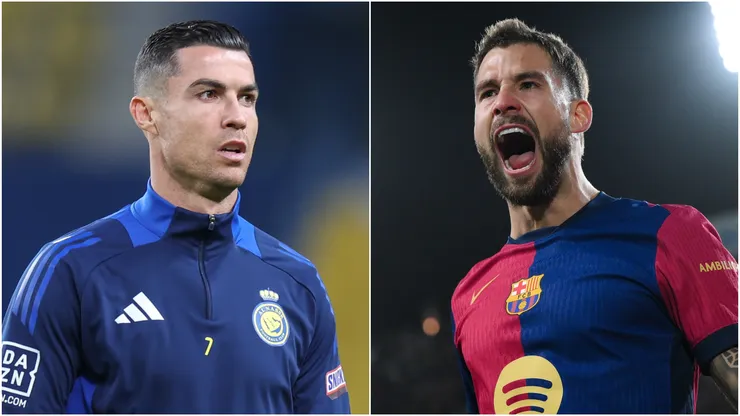 Cristiano Ronaldo (L) of Al-Nassr FC and Inigo Martinez (R) of FC Barcelona.