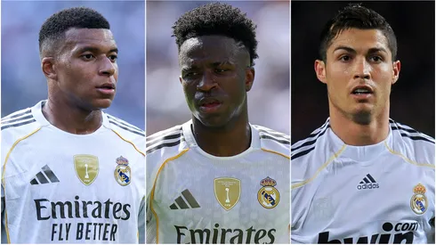 Kylian Mbappe (left), Vinicus (center), and Cristiano Ronaldo (right)