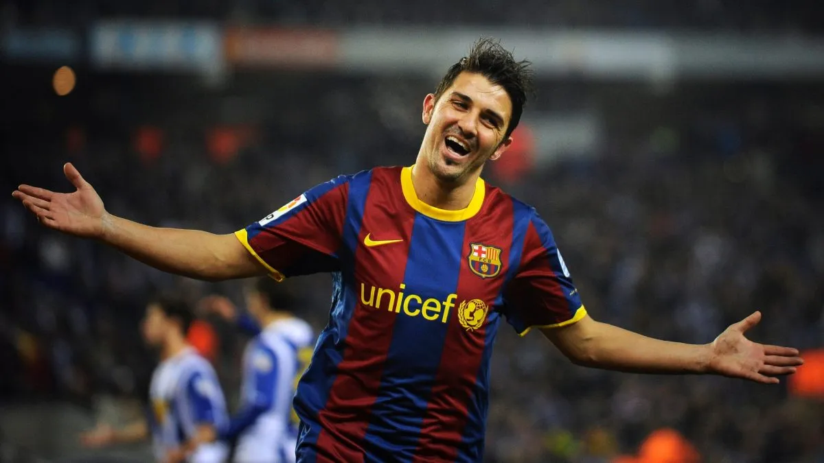 David Villa of Barcelona celebrates after scoring his team’s fifth goal during the La Liga match between Espanyol and Barcelona at Cornella – El Prat stadium on December 18, 2010. (Source: David Ramos/Getty Images)