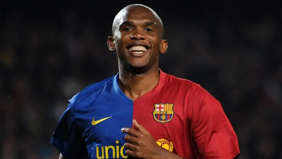 Samuel Eto’o of Barcelona smiles as he celebrates scoring his sides sixth goal during the La Liga match between Barcelona and Malaga at the Camp Nou Stadium on March 22, 2009. (Source: Jasper Juinen/Getty Images)