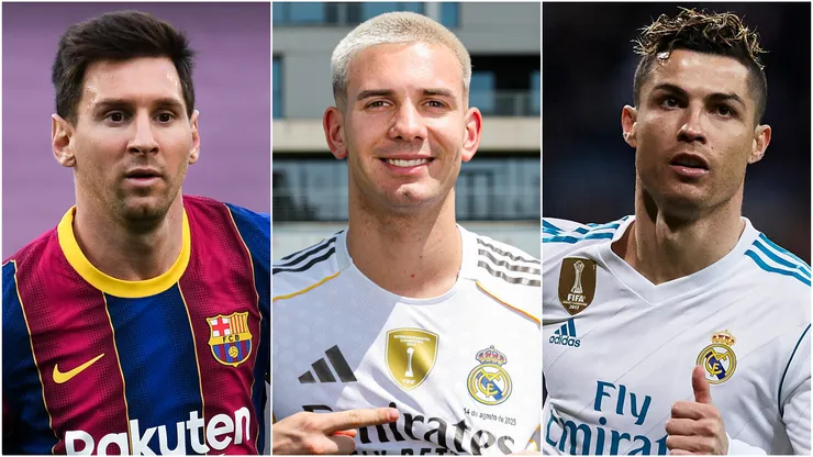 Lionel Messi (left), Franco Mastantuono (center), and Cristiano Ronaldo (right)