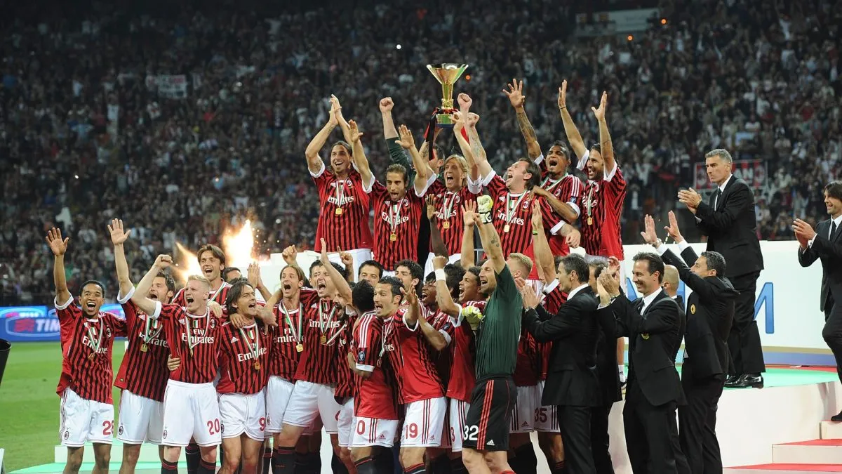 Players of Milan celebrates victory the italy championship after the Serie A match between AC Milan and Cagliari Calcio at Stadio Giuseppe Meazza on May 14, 2011. (Source: Dino Panato/Getty Images)