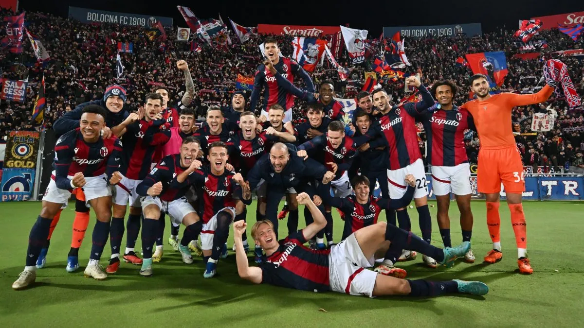 Players of Bologna FC celebrate following the team’s victory in the Serie A TIM match between Bologna FC and AS Roma at Stadio Renato Dall’Ara on December 17, 2023. (Source: Alessandro Sabattini/Getty Images)