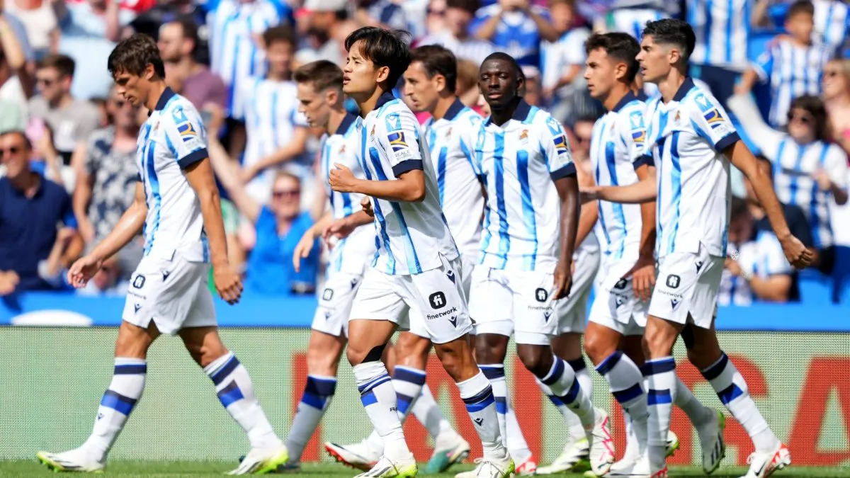 Takefusa Kubo of Real Sociedad celebrates after scoring the team’s first goal during the LaLiga EA Sports match between Real Sociedad and Girona FC in 2023. (Source: Juan Manuel Serrano Arce/Getty Images)