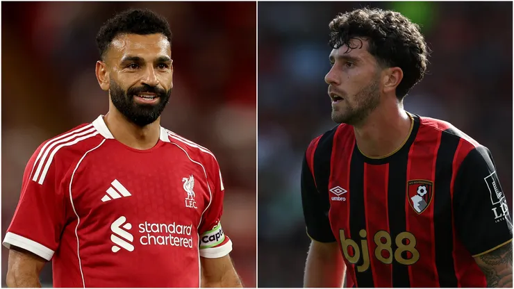 Mohamed Salah (L) of Liverpool and Marcos Senesi (R) of AFC Bournemouth.