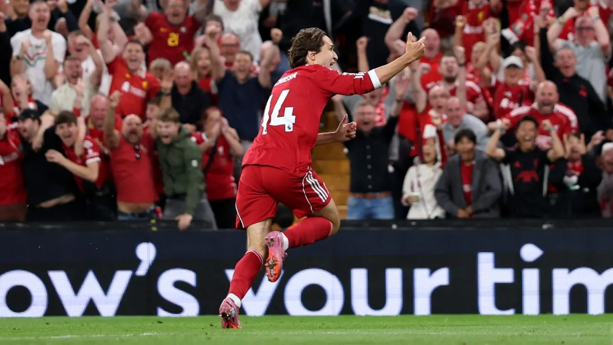 Federico Chiesa of Liverpool celebrates scoring his team’s third goal during the Premier League match vs. Bournemouth.