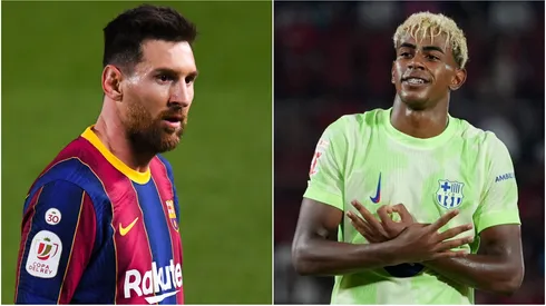 Lionel Messi (L) and Lamine Yamal (R) of FC Barcelona.