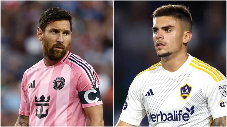 Lionel Messi (L) of Inter Miami and Gabriel Pec (R) of Los Angeles Galaxy.
