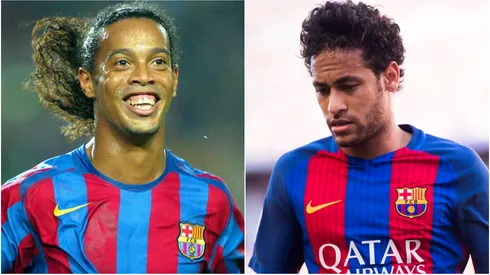 Brazilian stars Ronaldinho and Neymar playing for Barcelona.
