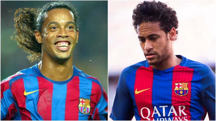 Brazilian stars Ronaldinho and Neymar playing for Barcelona.