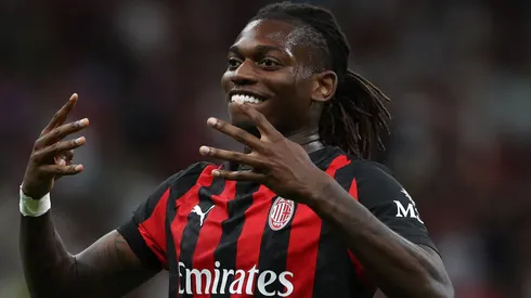 Rafael Leao of AC Milan celebrates after scoring the opening goal during the Coppa Italia match between AC Milan and SSC Bari at Stadio San Siro on August 17, 2025 in Milan, Italy.