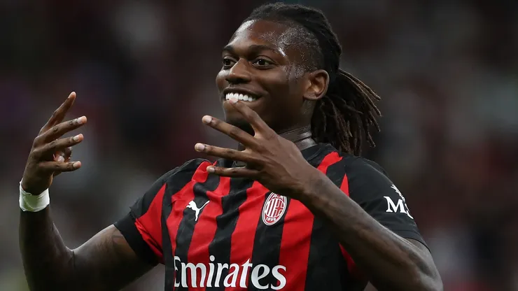 Rafael Leao of AC Milan celebrates after scoring the opening goal during the Coppa Italia match between AC Milan and SSC Bari at Stadio San Siro on August 17, 2025 in Milan, Italy.