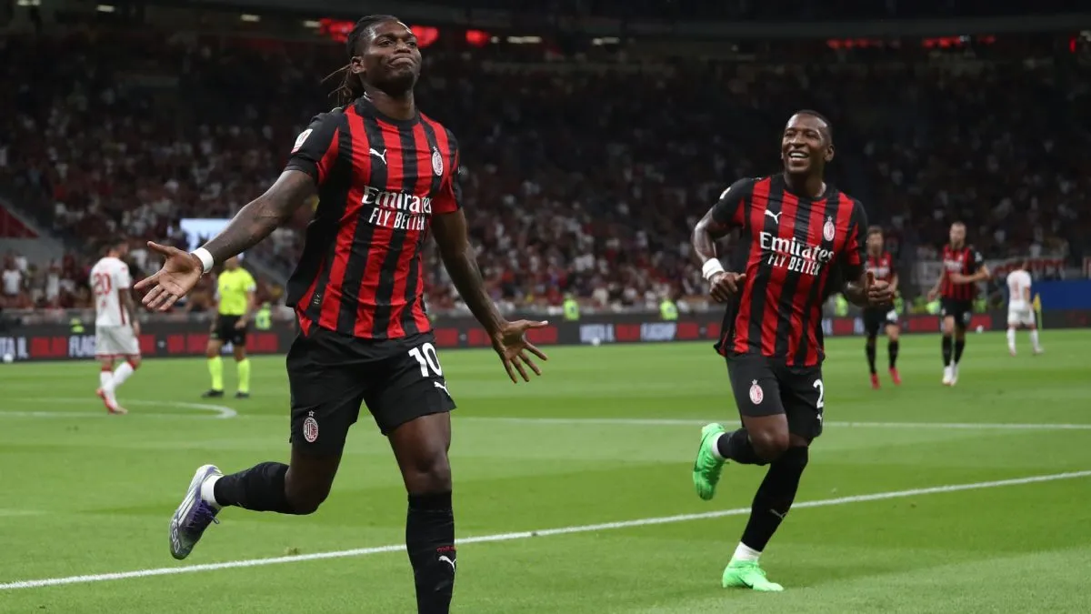 Rafael Leao of AC Milan celebrates after scoring the opening goal during the Coppa Italia match between AC Milan and SSC Bari at Stadio San Siro on August 17, 2025 in Milan, Italy.