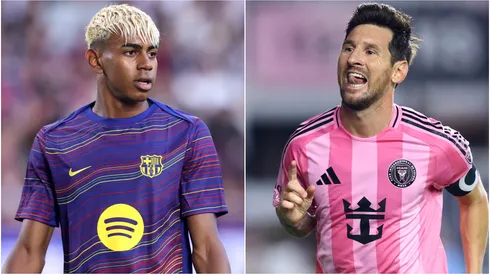 Lamine Yamal (L) of FC Barcelona and Lionel Messi (R) #10 of Inter Miami CF.
