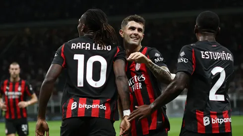 Christian Pulisic of AC Milan celebrates after scoring a goal with Rafael Leao.
