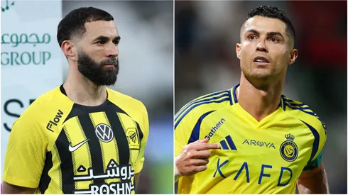 Karim Benzema (L) of Al-Ittihad and Cristiano Ronaldo (R) of Al Nassr.