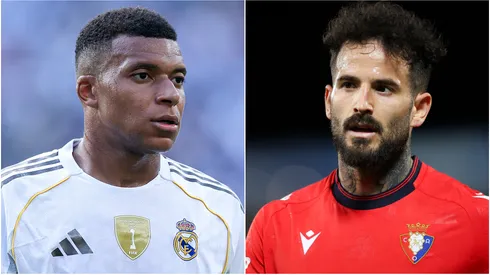 Kylian Mbappe (L) #9 of Real Madrid C.F. and Ruben Garcia (R) of Osasuna.