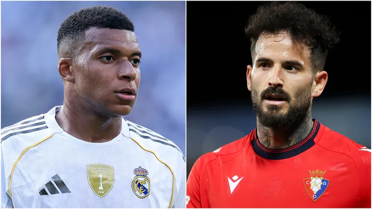 Kylian Mbappe (L) #9 of Real Madrid C.F. and Ruben Garcia (R) of Osasuna.