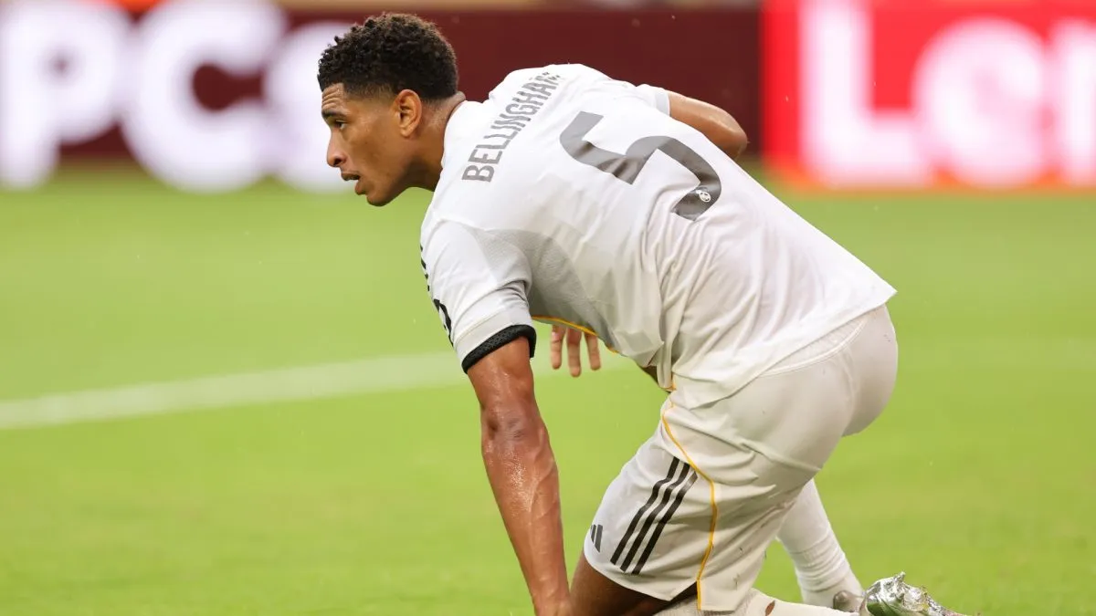 Jude Bellingham #5 of Real Madrid C.F. looks on during the FIFA Club World Cup 2025 round of 16 match between Real Madrid CF and Juventus FC at Hard Rock Stadium on July 01, 2025 in Miami Gardens, Florida.
