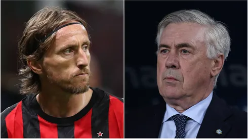 Luka Modric (L) of AC Milan and Carlo Ancelotti (R), Head Coach of Brazil.