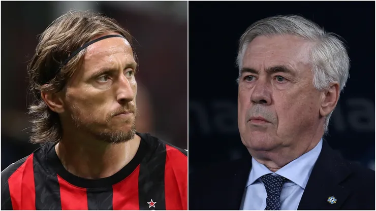 Luka Modric (L) of AC Milan and Carlo Ancelotti (R), Head Coach of Brazil.