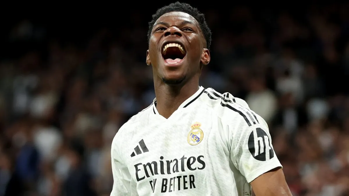 Aurelien Tchouameni of Real Madrid celebrates after he scores his teams third goal during the Copa del Rey semifinal match between Real Madrid and Real Sociedad in 2025. (Source: Florencia Tan Jun/Getty Images)