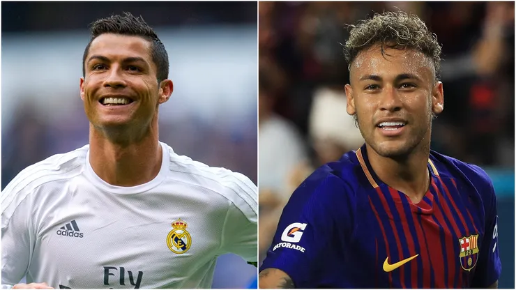 Cristiano Ronaldo celebrates after scoring a goal during the La Liga match in 2016 — Neymar reacts in the second half during their International Champions Cup 2017 match.