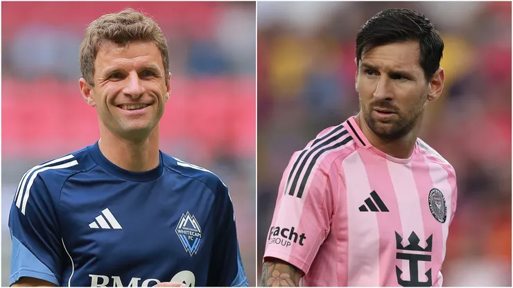 Thomas Müller (L) #13 of the Vancouver Whitecaps FC and Lionel Messi (R) of Inter Miami.