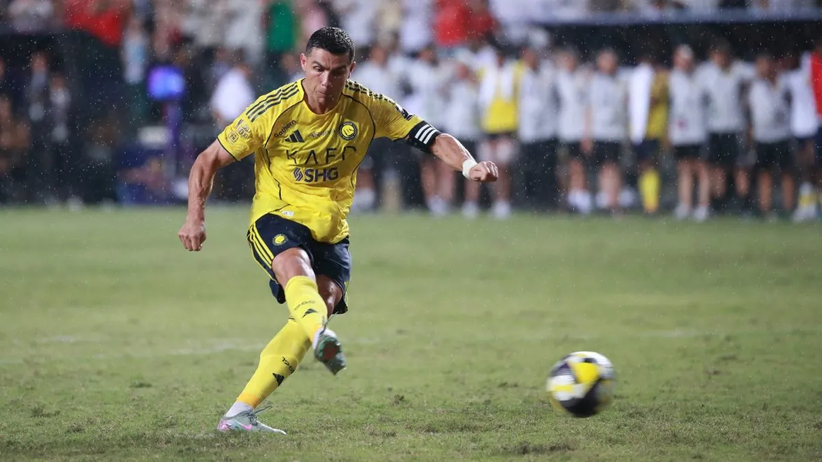 Cristiano Ronaldo of Al-Nassr scores a penalty kick during the penalty shoot out in the Saudi Super Cup final between Al-Nassr and Al-Ahli at Hong Kong Stadium on August 23, 2025 in Hong Kong, China.