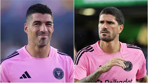 Luis Suárez (L) #9 and Rodrigo De Paul (R) #7 of Inter Miami CF.