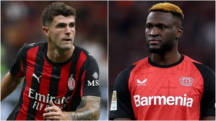 Christian Pulisic (L) of AC Milan and Victor Boniface (R) of Bayer 04 Leverkusen.