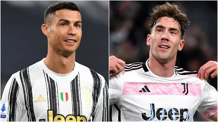 Cristiano Ronaldo of Juventus looks on during the Serie A match — Dusan Vlahovic of Juventus celebrates scoring his team's second goal during the Coppa Italia Semi-Final match.